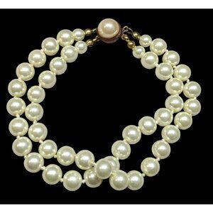 Vintage Elegant Glass Pearl Bracelet Double Strand With Box Clasp